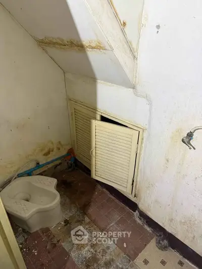 Compact bathroom with unique sloped ceiling and vintage tile flooring, featuring a traditional squat toilet.