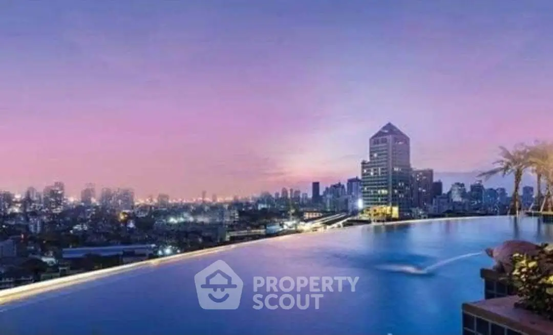 Stunning rooftop infinity pool with breathtaking city skyline view at sunset.