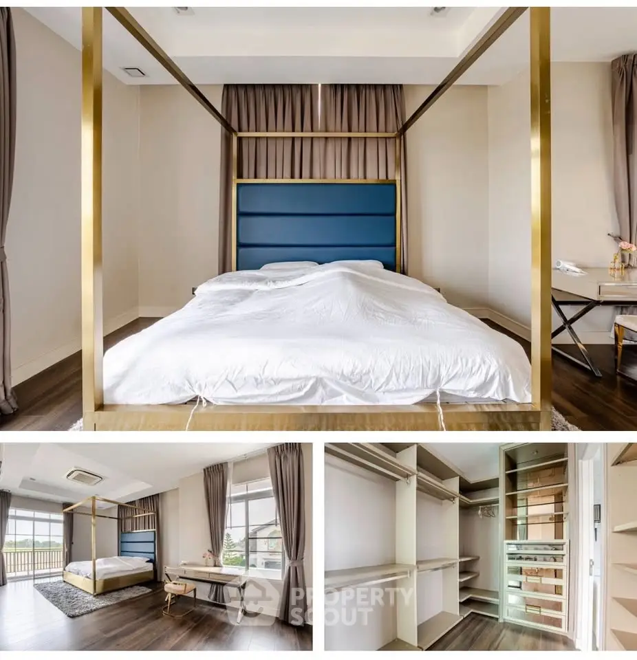 Luxurious bedroom with elegant four-poster bed and spacious walk-in closet, featuring modern decor and ample natural light.