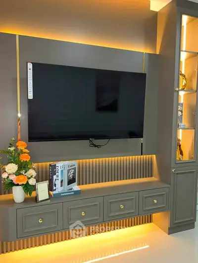 Luxurious living room with modern TV setup and elegant decor