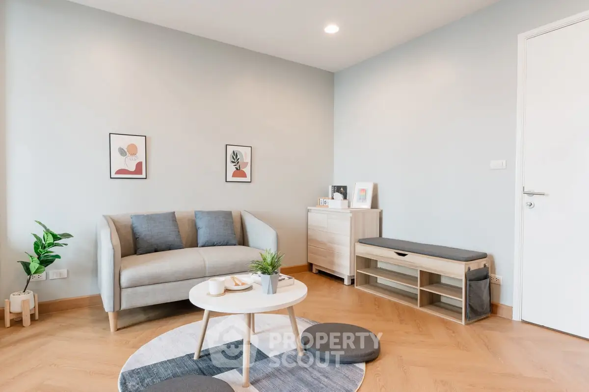 Modern living room with stylish decor and cozy seating area