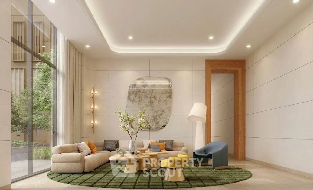 Luxurious modern living room with elegant furniture and large window view.
