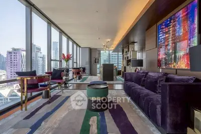 Luxurious modern living room with panoramic city views and elegant decor