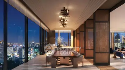 Luxurious dining area with stunning city view in high-rise apartment