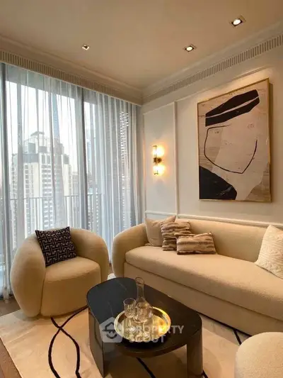 Luxurious modern living room with elegant furniture and city view, perfect for urban living.