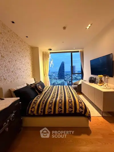 Luxurious bedroom with stunning city view and elegant decor