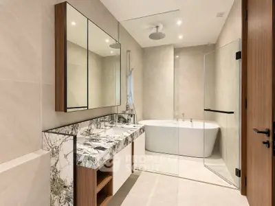 Luxurious modern bathroom with elegant marble countertop and spacious bathtub
