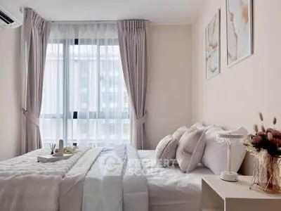Elegant bedroom with soft lighting and modern decor, featuring a cozy bed and large window.