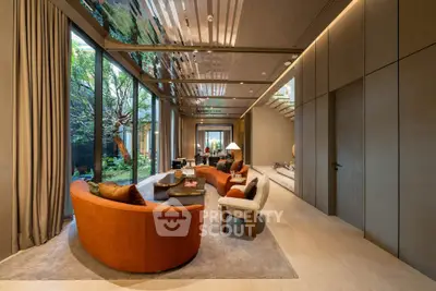 Luxurious modern living room with floor-to-ceiling windows and garden view