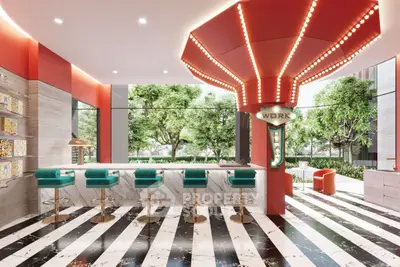 Luxurious modern interior with stylish bar seating and vibrant decor, perfect for entertaining.
