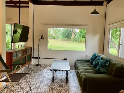 Charming living room with garden view, stylish decor, and cozy seating area.