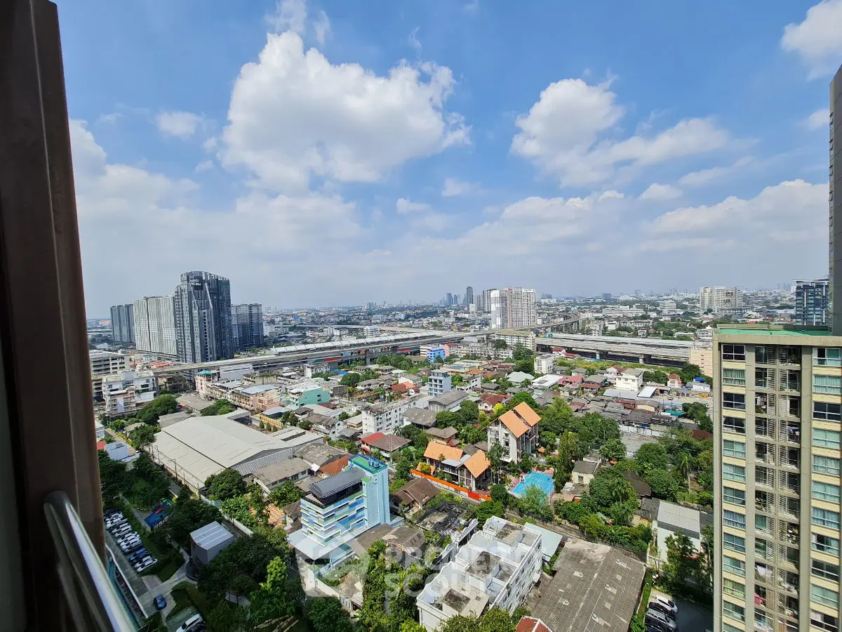 Stunning cityscape view from high-rise building showcasing urban skyline and vibrant neighborhood.