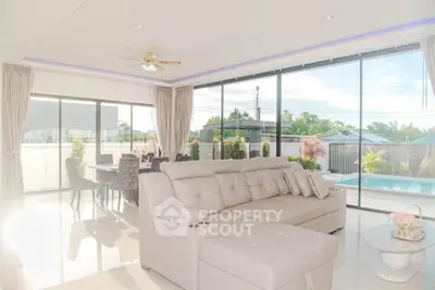 Luxurious living room with pool view and elegant dining area