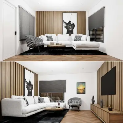 Modern living room with stylish decor, wood paneling, and cozy white sectional sofa.