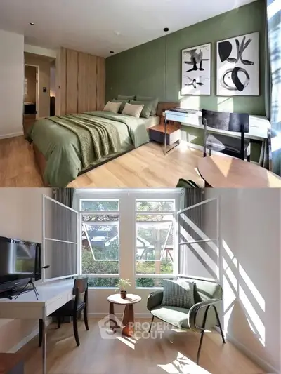 Modern bedroom with stylish decor and natural light, featuring a cozy seating area and workspace.