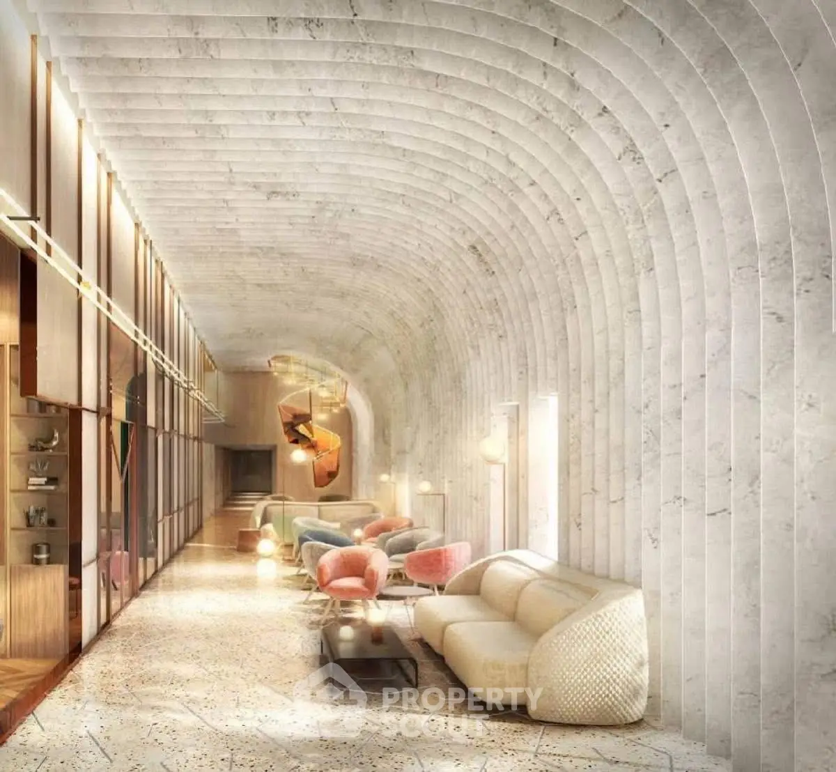 Luxurious modern living room with unique curved ceiling and elegant furniture