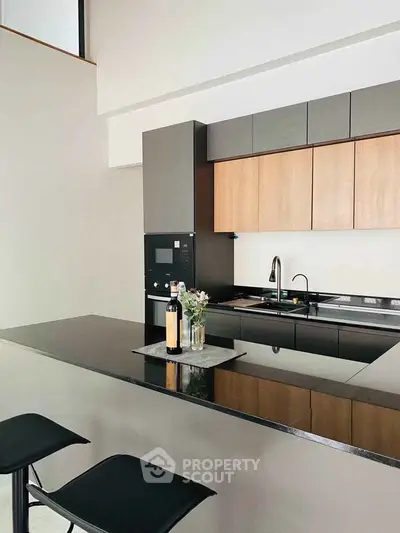 Modern kitchen with sleek black countertops and stylish cabinetry