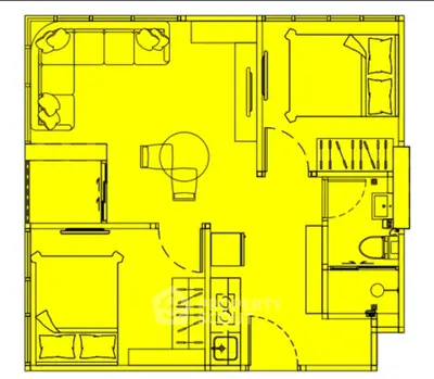 Detailed floor plan showcasing a modern apartment layout with two bedrooms and open living space.