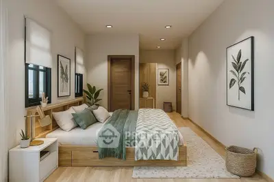 Modern bedroom with stylish decor, wooden flooring, and cozy bedding in a contemporary apartment.