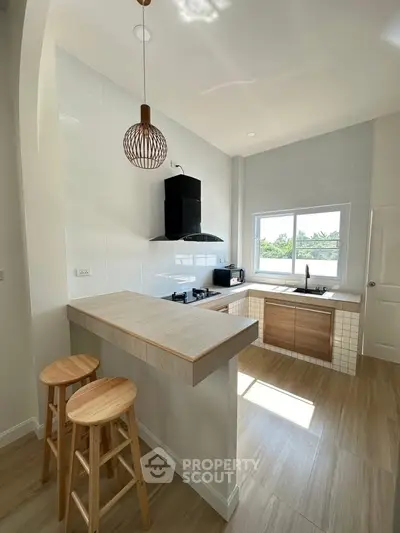 Modern kitchen with open layout, natural light, and wooden accents.