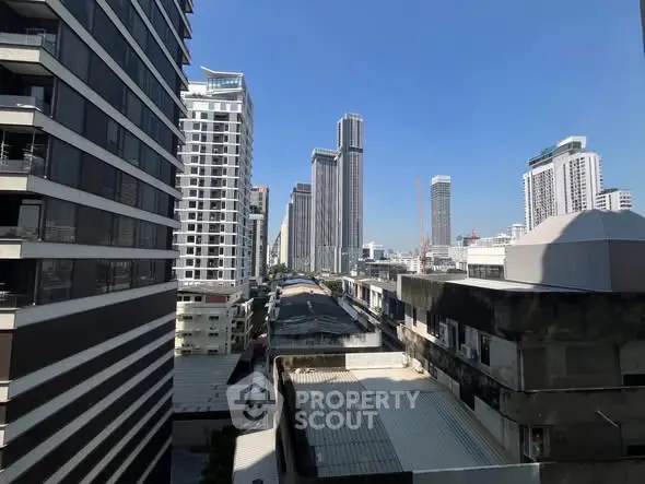 Stunning urban skyline view with modern high-rise buildings under clear blue sky.