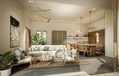 Spacious living room with modern decor and natural light, featuring cozy seating and elegant dining area.