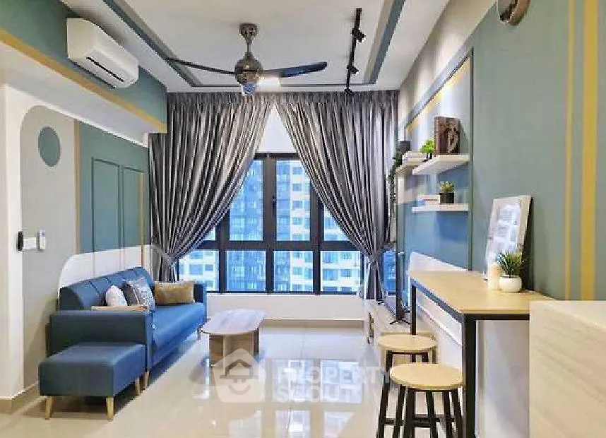 Modern living room with stylish decor and large window view