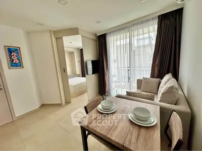 Modern apartment interior with cozy living room and dining area