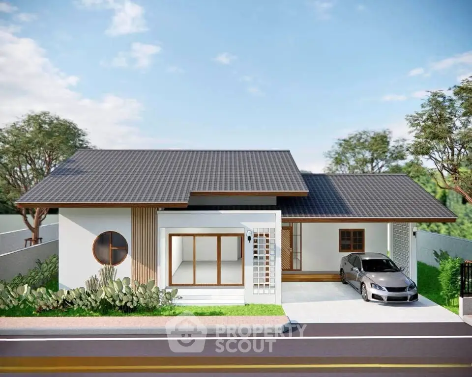 Modern single-story house with sleek design and attached garage in a serene neighborhood.