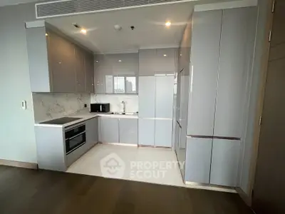 Modern kitchen with sleek cabinetry and built-in appliances in a luxury apartment.