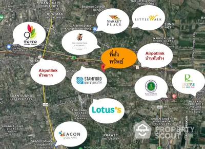 Prime real estate location map near shopping centers and universities in vibrant urban area.