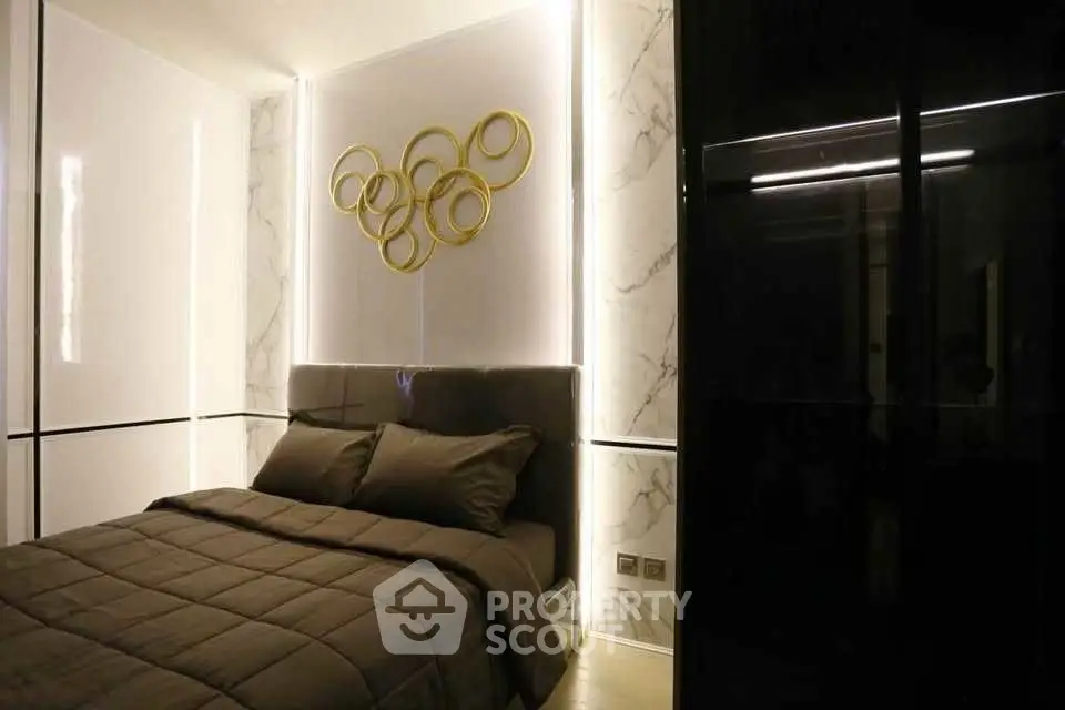Luxurious modern bedroom with elegant decor and ambient lighting