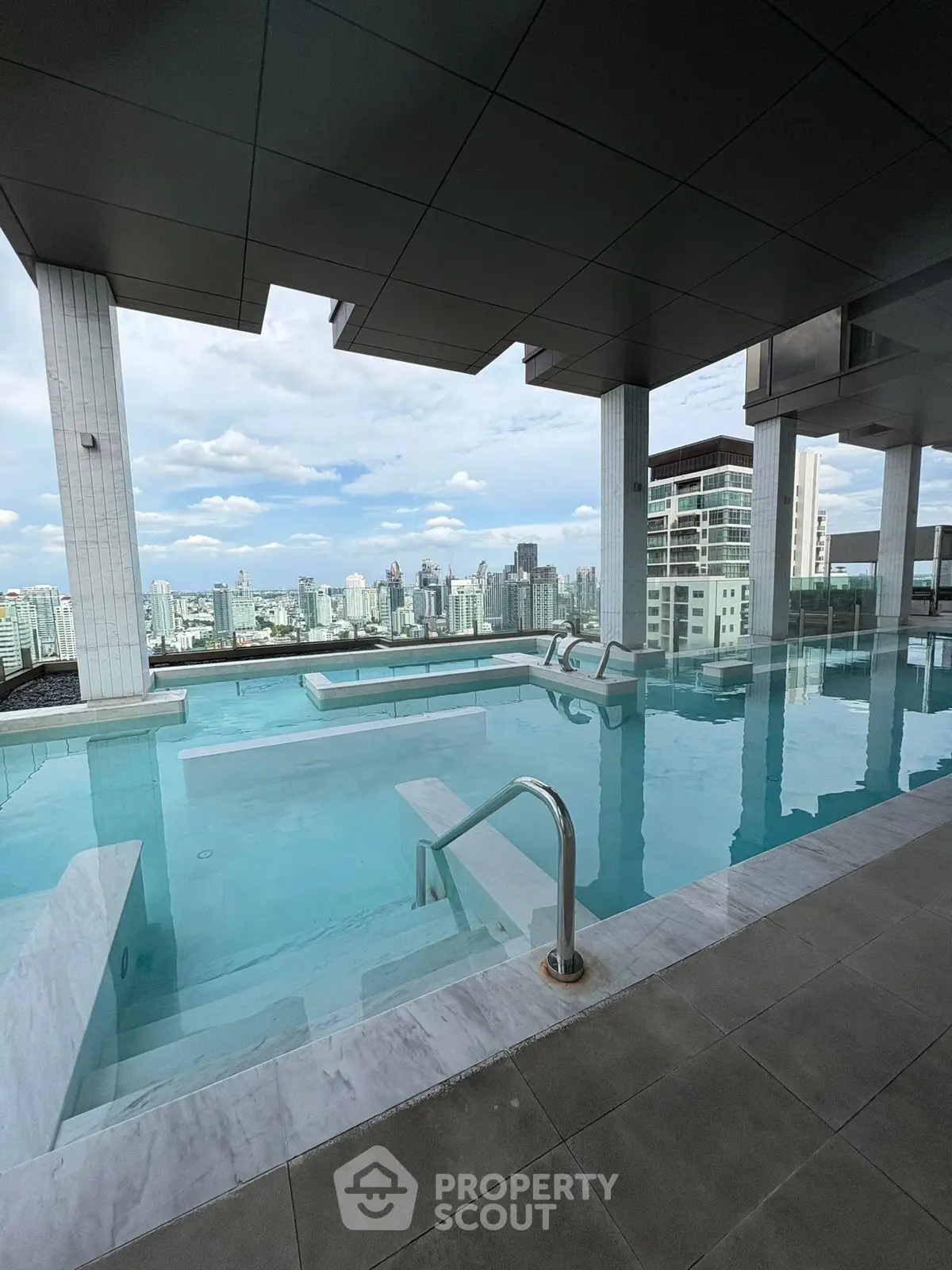 Luxurious rooftop pool with stunning city skyline views, perfect for relaxation and leisure.
