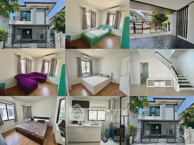 Modern two-story house with spacious interiors, featuring bedrooms, living room, and a well-equipped kitchen.