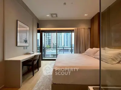 Luxurious bedroom with city view and modern decor in high-rise apartment