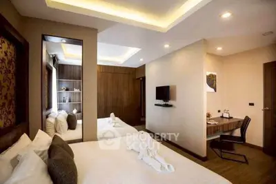 Luxurious modern bedroom with elegant decor and ambient lighting
