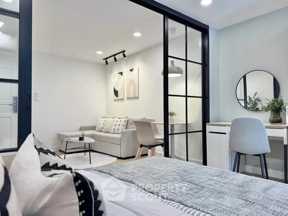 Modern open-plan living room with stylish decor and cozy ambiance