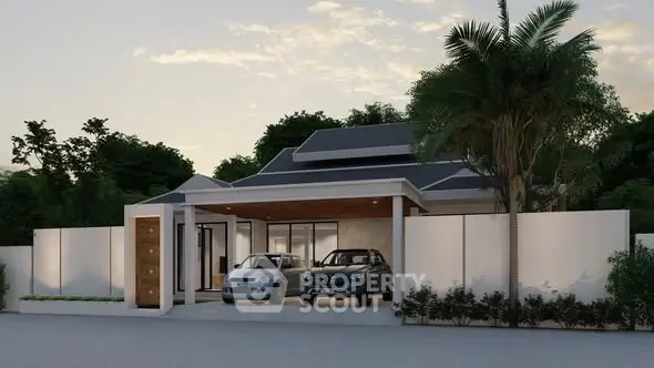 Modern luxury home exterior with two-car garage and lush landscaping.