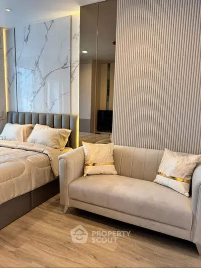 Luxurious modern bedroom with stylish decor and cozy ambiance