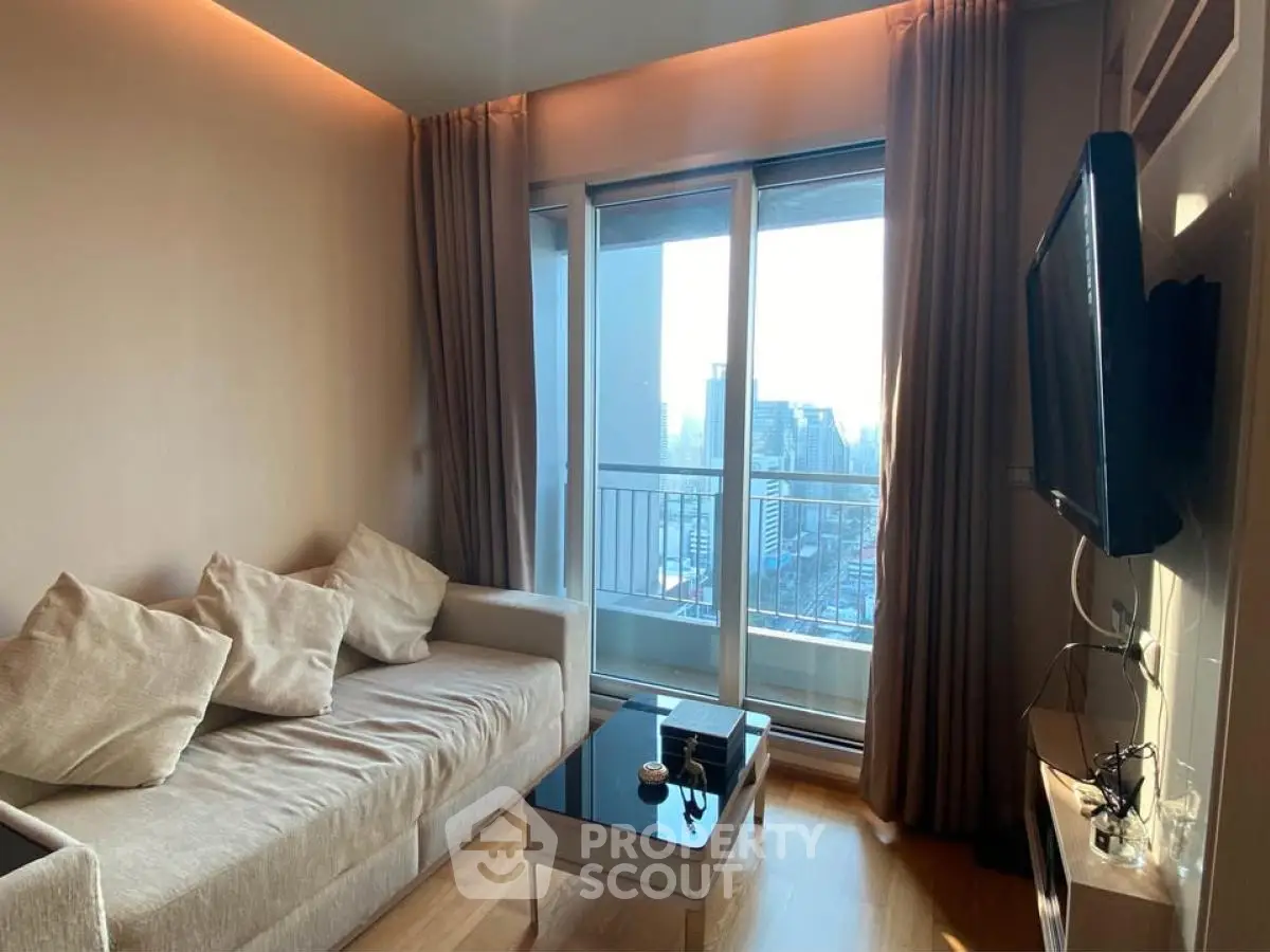 Modern living room with city view and cozy sofa