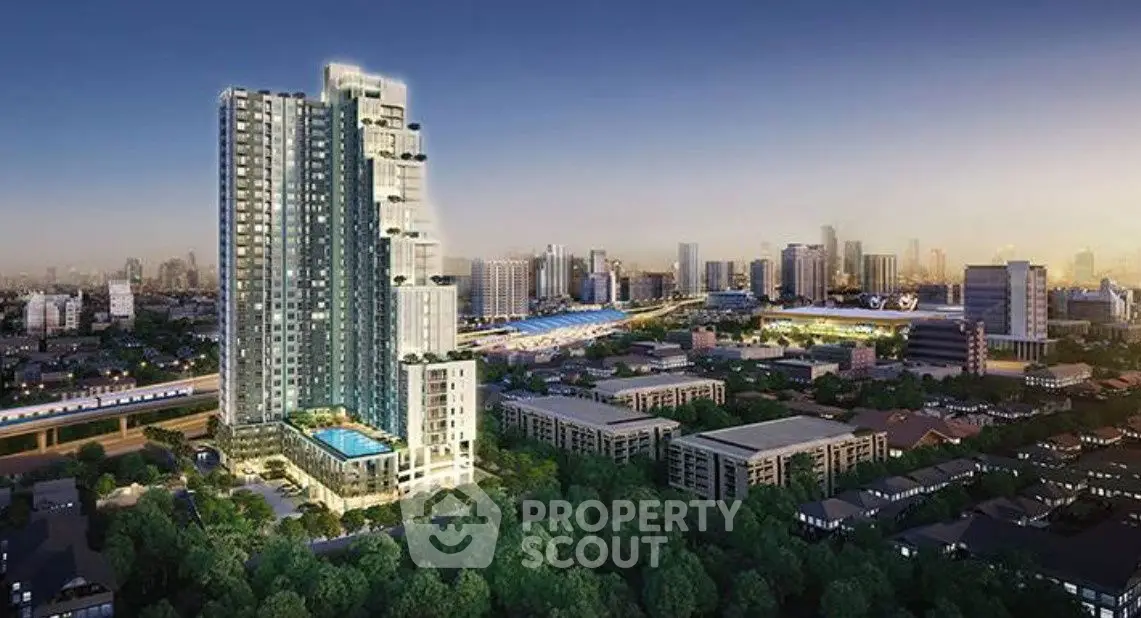Stunning high-rise building with pool and cityscape view at dusk