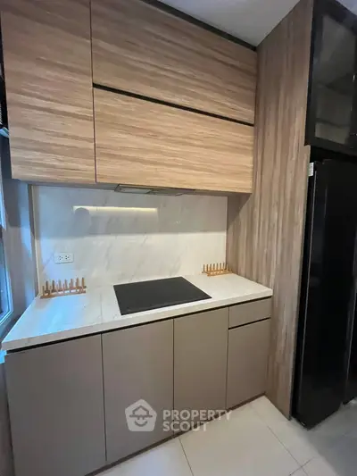 Modern kitchen with sleek cabinetry and induction cooktop in stylish apartment