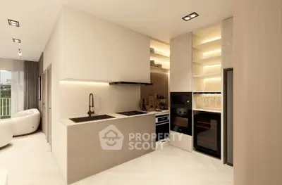 Modern kitchen with sleek design, featuring built-in appliances and ambient lighting.