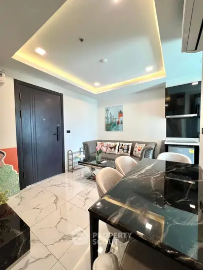 Modern living room with elegant marble flooring and stylish furniture