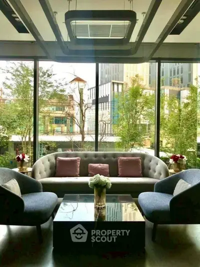 Luxurious living room with modern furniture and large windows offering a stunning city view.