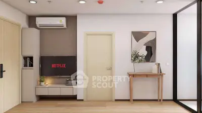Modern living room with minimalist decor and wall-mounted TV
