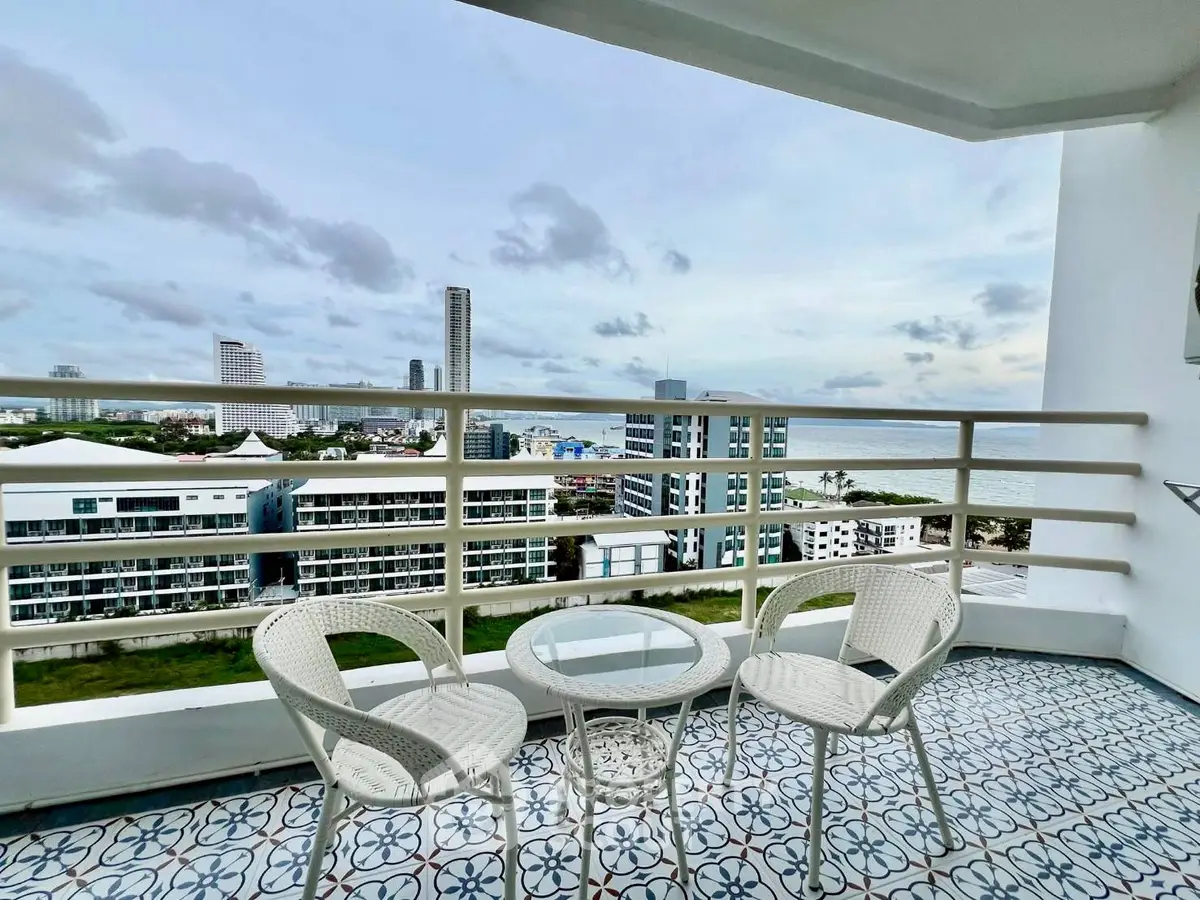 Stunning balcony view with modern cityscape and ocean horizon, perfect for relaxation and enjoyment.