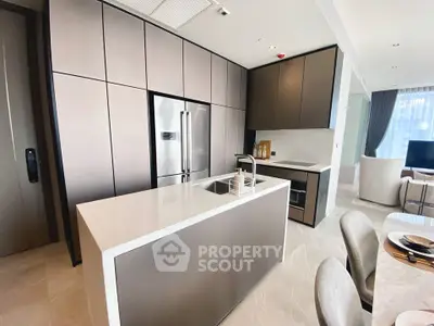 Modern kitchen with sleek cabinetry and integrated appliances in luxury apartment