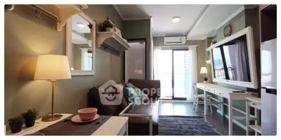 Charming living room with modern decor and balcony view in cozy apartment