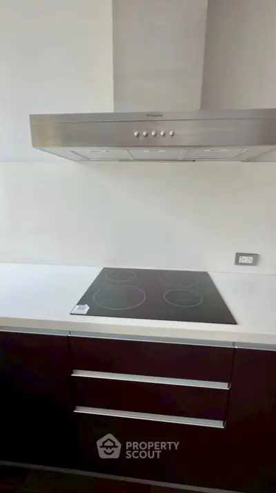 Modern kitchen with sleek electric cooktop and stainless steel range hood.